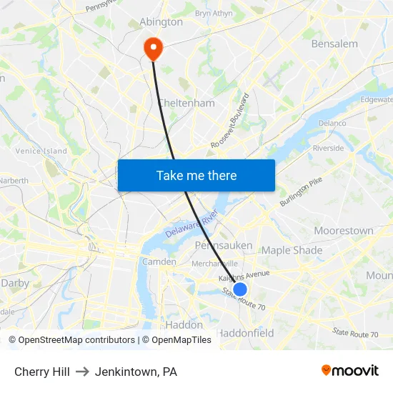 Cherry Hill to Jenkintown, PA map