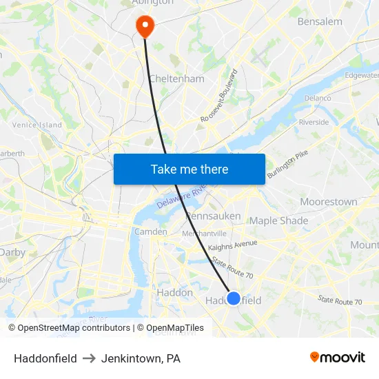 Haddonfield to Jenkintown, PA map