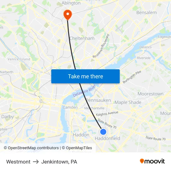 Westmont to Jenkintown, PA map