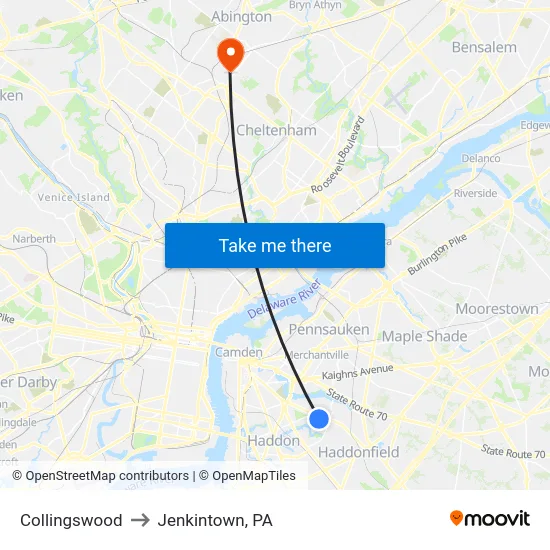 Collingswood to Jenkintown, PA map