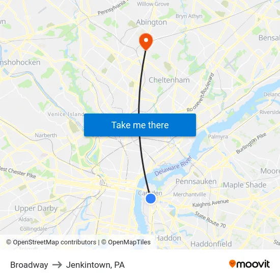 Broadway to Jenkintown, PA map