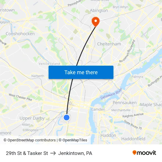 29th St & Tasker St to Jenkintown, PA map