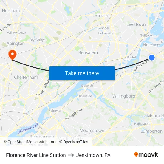 Florence River Line Station to Jenkintown, PA map