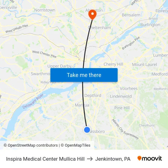 Inspira Medical Center Mullica Hill to Jenkintown, PA map