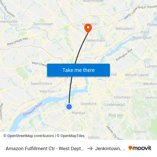 Amazon Fulfillment Ctr - West Deptford to Jenkintown, PA map