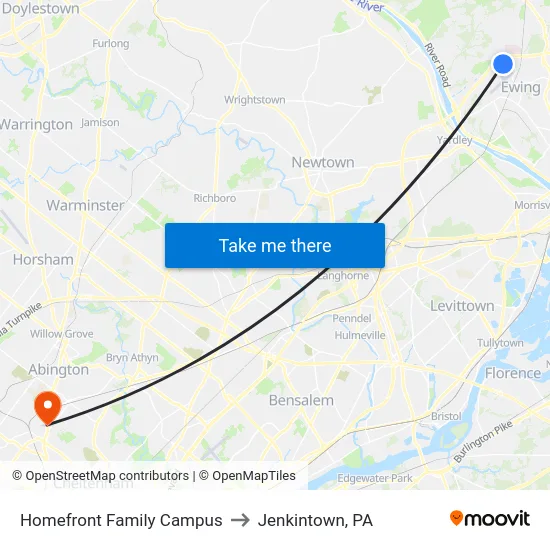 Homefront Family Campus to Jenkintown, PA map