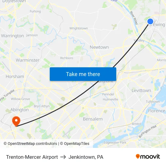 Trenton-Mercer Airport to Jenkintown, PA map
