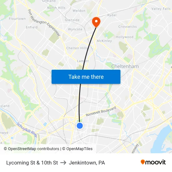Lycoming St & 10th St to Jenkintown, PA map
