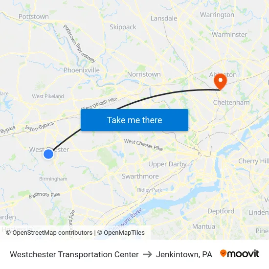 Westchester Transportation Center to Jenkintown, PA map