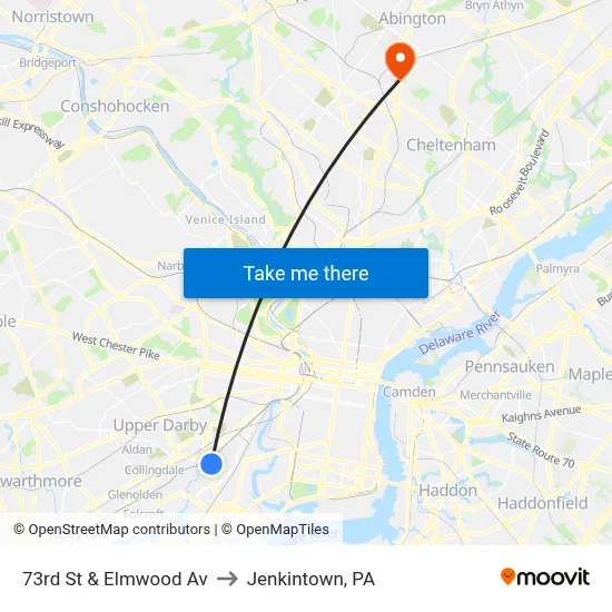 73rd St & Elmwood Av to Jenkintown, PA map