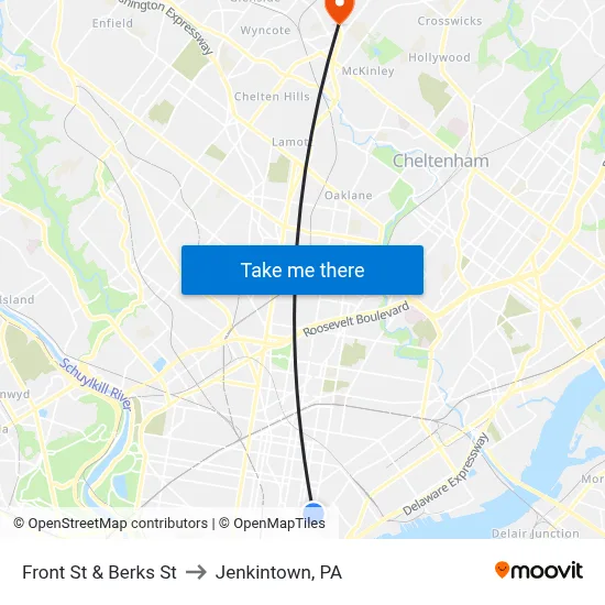 Front St & Berks St to Jenkintown, PA map