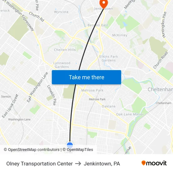 Olney Transportation Center to Jenkintown, PA map
