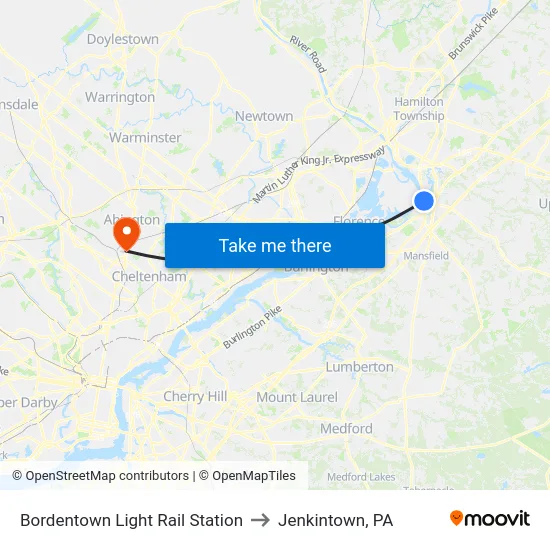 Bordentown Light Rail Station to Jenkintown, PA map