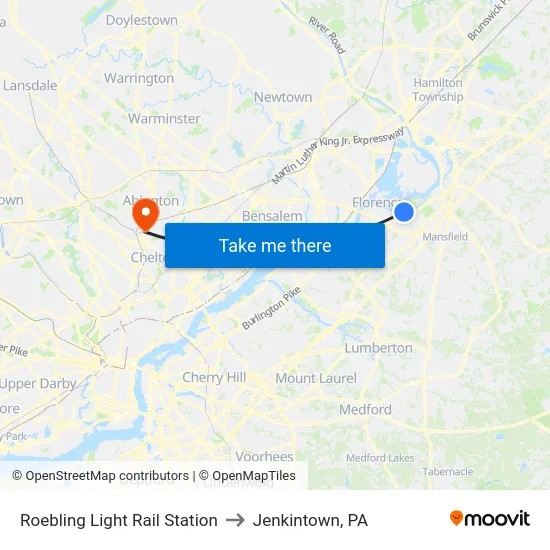 Roebling Light Rail Station to Jenkintown, PA map