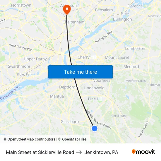 Main Street at Sicklerville Road to Jenkintown, PA map