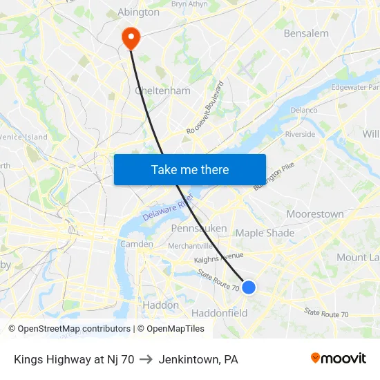 Kings Highway at Nj 70 to Jenkintown, PA map