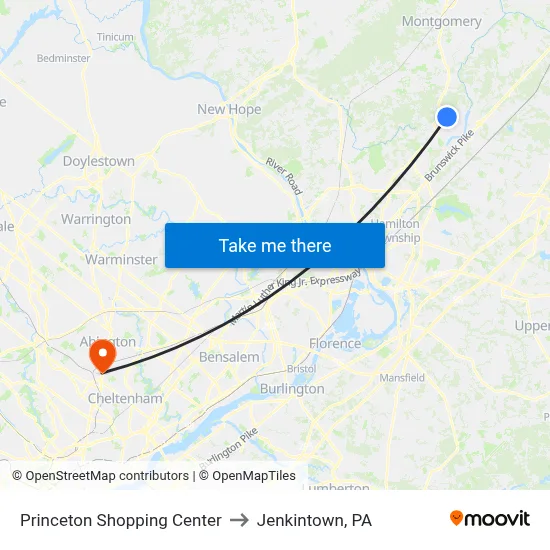 Princeton Shopping Center to Jenkintown, PA map