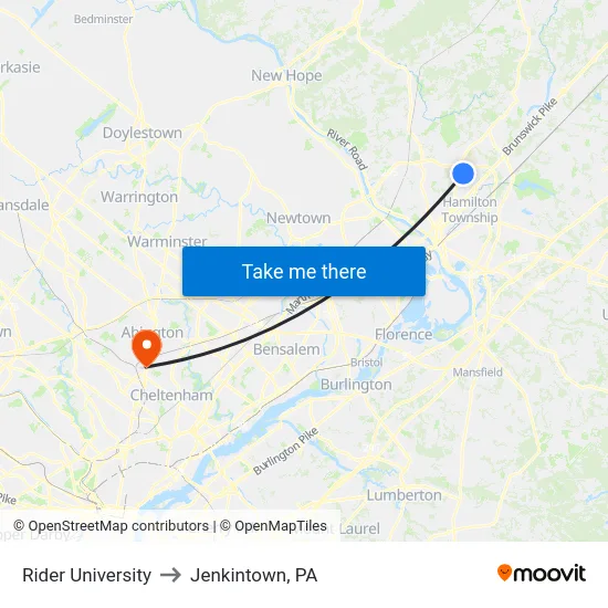 Rider University to Jenkintown, PA map