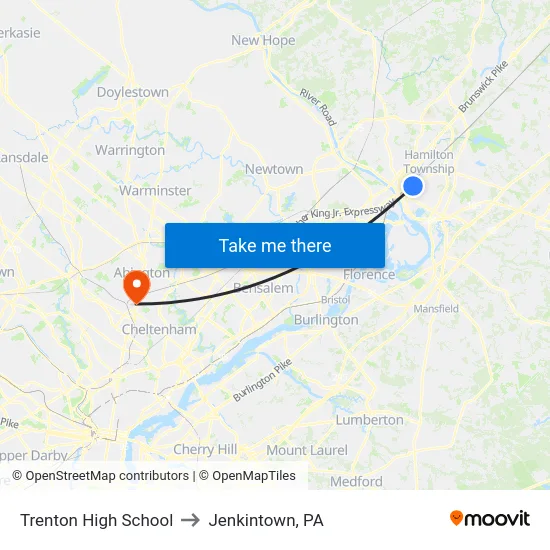 Trenton High School to Jenkintown, PA map