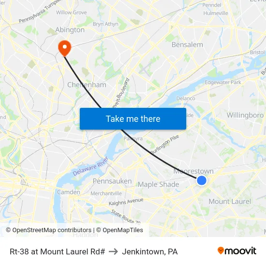Rt-38 at Mount Laurel Rd# to Jenkintown, PA map