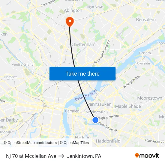 Nj 70 at Mcclellan Ave to Jenkintown, PA map