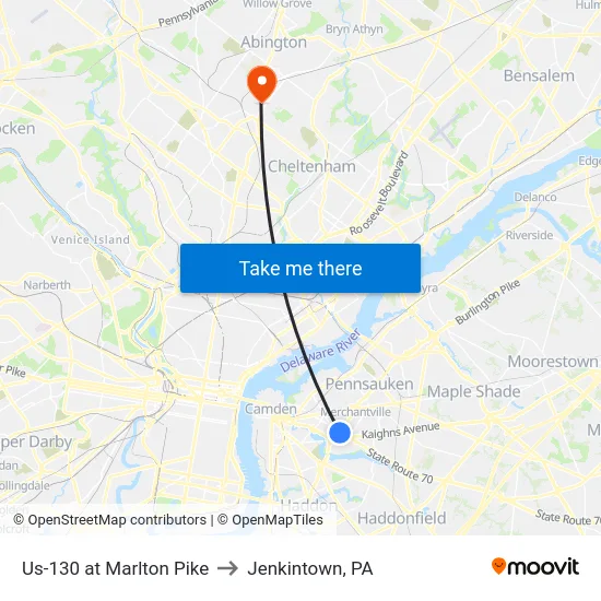 Us-130 at Marlton Pike to Jenkintown, PA map