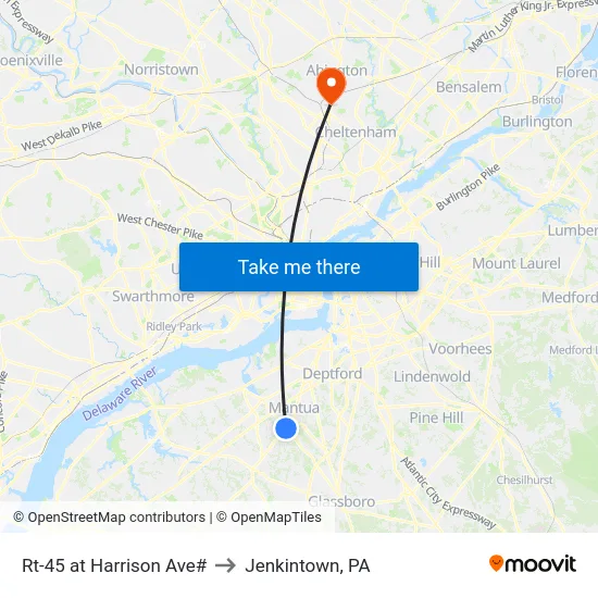 Rt-45 at Harrison Ave# to Jenkintown, PA map