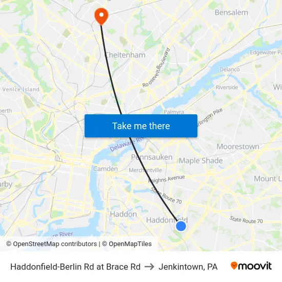 Haddonfield-Berlin Rd at Brace Rd to Jenkintown, PA map