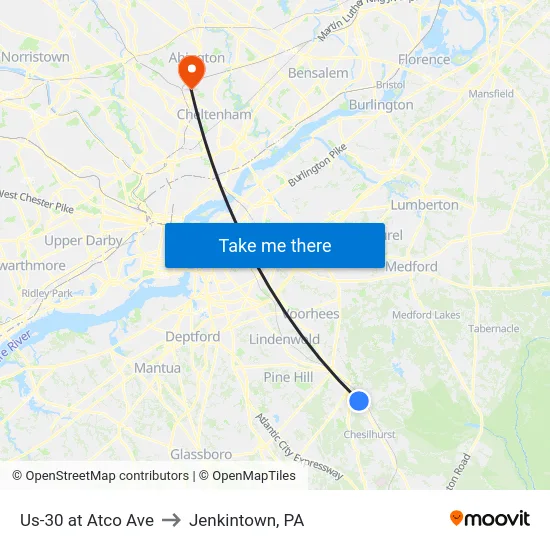 Us-30 at Atco Ave to Jenkintown, PA map