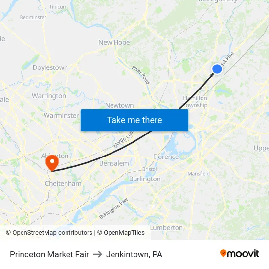 Princeton Market Fair to Jenkintown, PA map