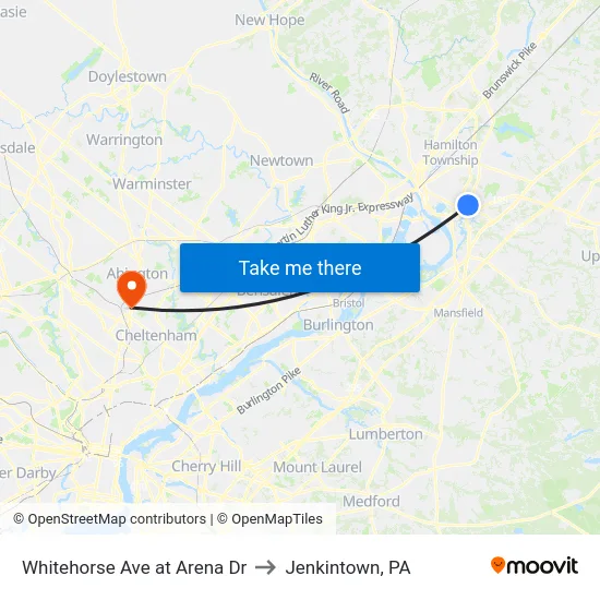 Whitehorse Ave at Arena Dr to Jenkintown, PA map