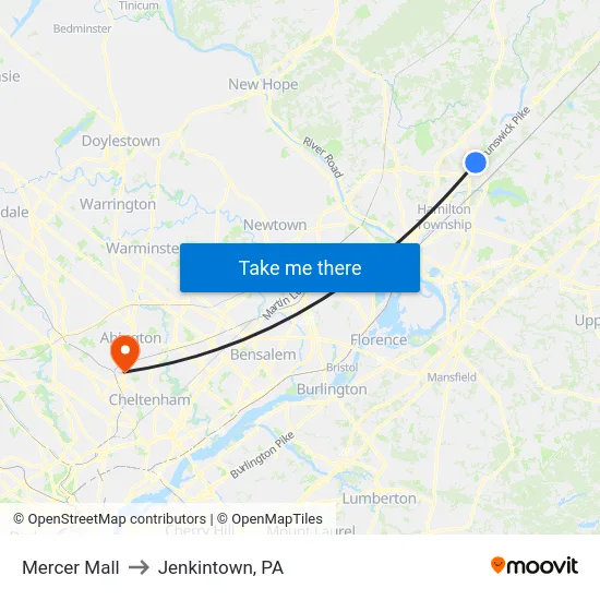 Mercer Mall to Jenkintown, PA map