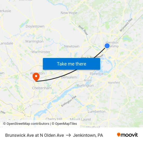Brunswick Ave at N Olden Ave to Jenkintown, PA map