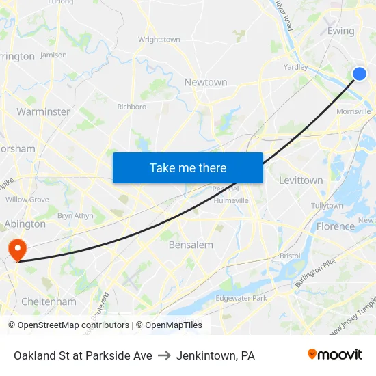 Oakland St at Parkside Ave to Jenkintown, PA map