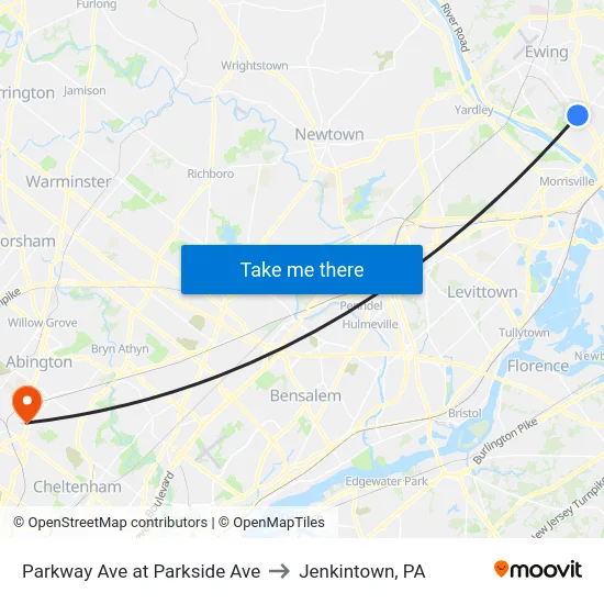Parkway Ave at Parkside Ave to Jenkintown, PA map
