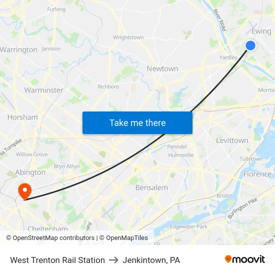 West Trenton Rail Station to Jenkintown, PA map