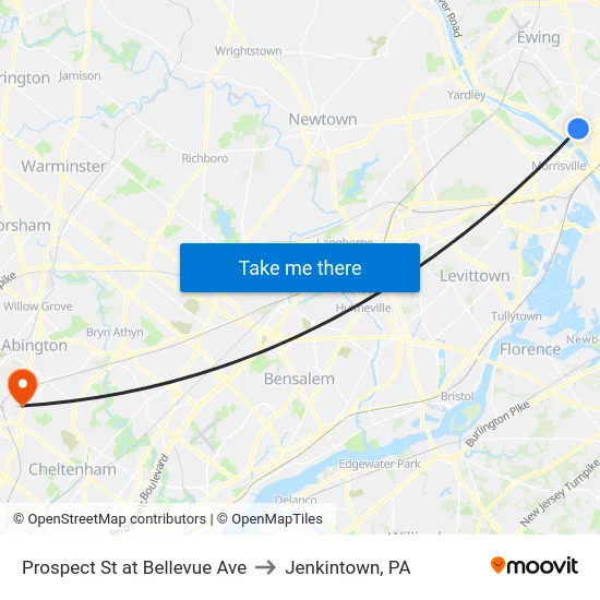 Prospect St at Bellevue Ave to Jenkintown, PA map