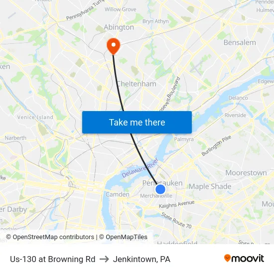 Us-130 at Browning Rd to Jenkintown, PA map