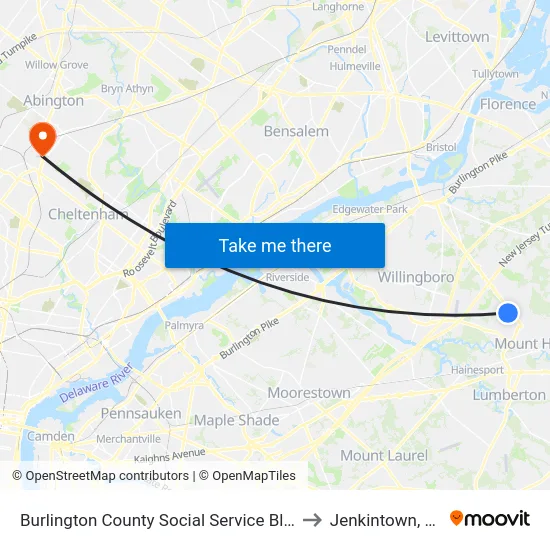 Burlington County Social Service Bldg to Jenkintown, PA map