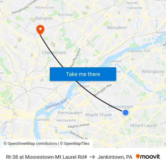 Rt-38 at Moorestown-Mt Laurel Rd# to Jenkintown, PA map