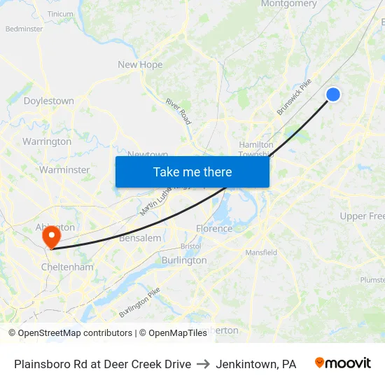 Plainsboro Rd at Deer Creek Drive to Jenkintown, PA map