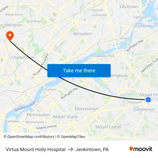 Virtua Mount Holly Hospital to Jenkintown, PA map