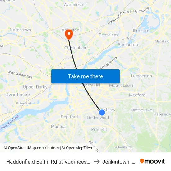 Haddonfield-Berlin Rd at Voorhees Dr to Jenkintown, PA map