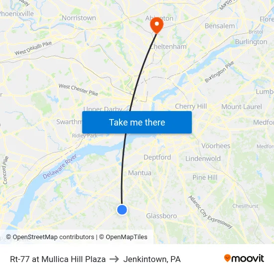 Rt-77 at Mullica Hill Plaza to Jenkintown, PA map