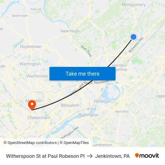 Witherspoon St at Paul Robeson Pl to Jenkintown, PA map