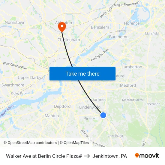 Walker Ave at Berlin Circle Plaza# to Jenkintown, PA map
