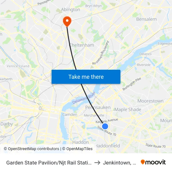 Garden State Pavilion/Njt Rail Station to Jenkintown, PA map