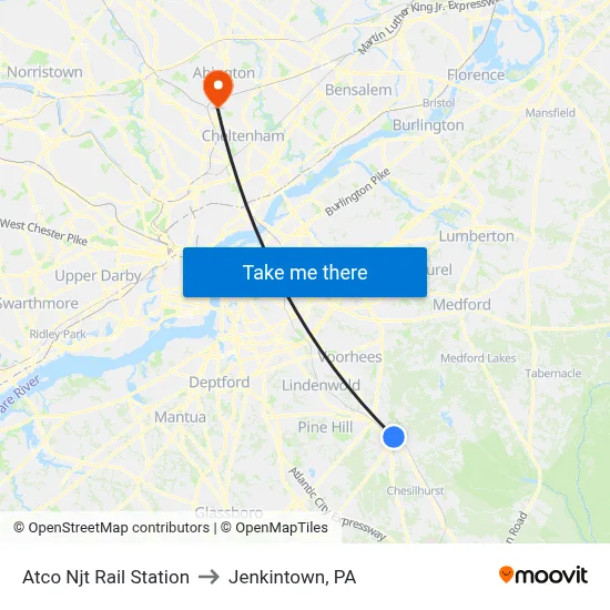 Atco Njt Rail Station to Jenkintown, PA map