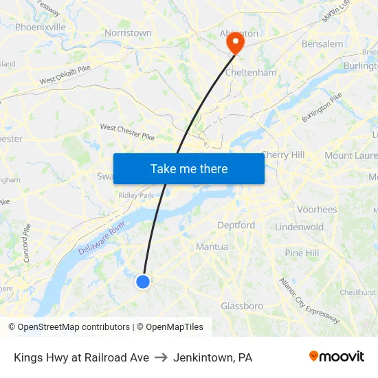 Kings Hwy at Railroad Ave to Jenkintown, PA map