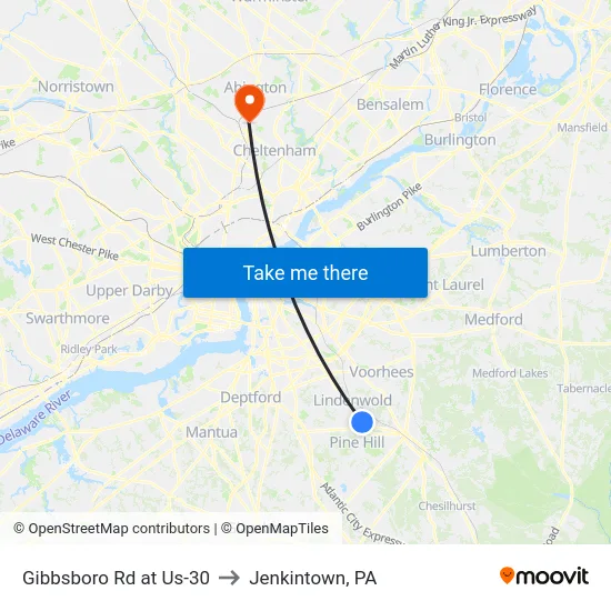 Gibbsboro Rd at Us-30 to Jenkintown, PA map